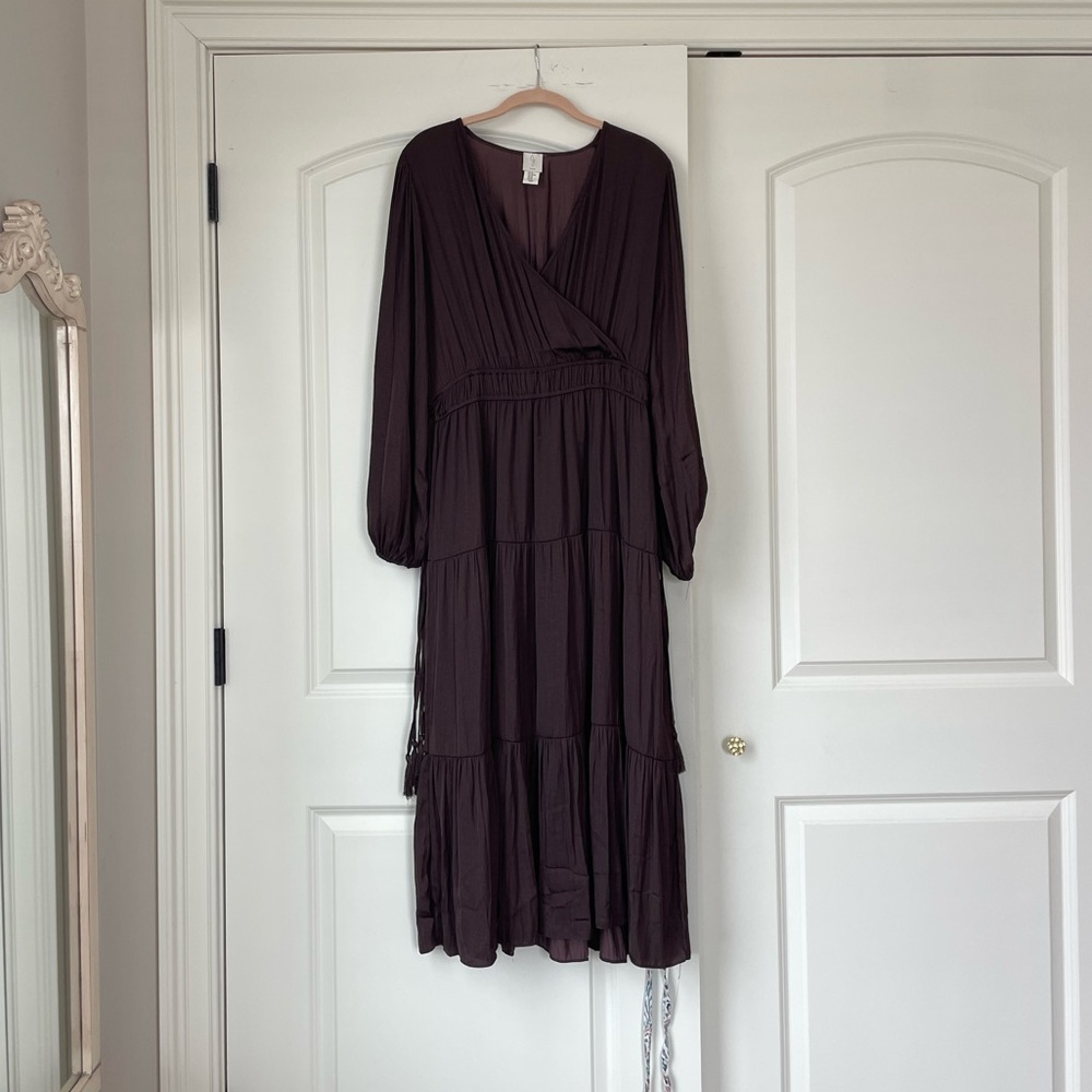 chocolate brown satin midi dress